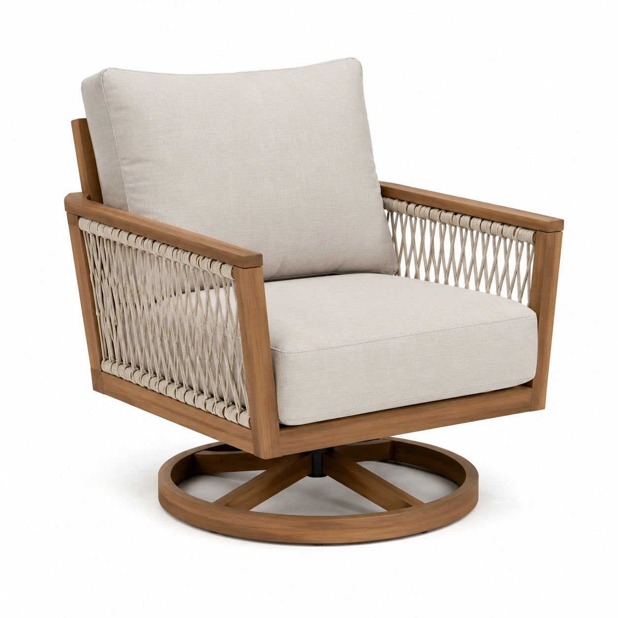 Fauteuil pivotant en bois de teck, corde tressée et coussins polyester beige