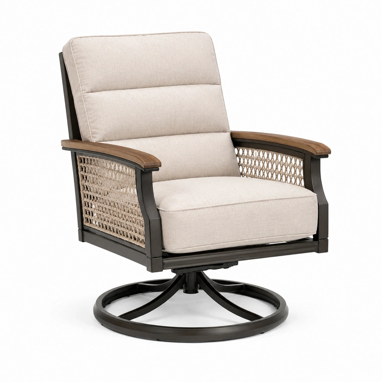 Fauteuil pivotant en métal et résine avec coussins en tissu beige
