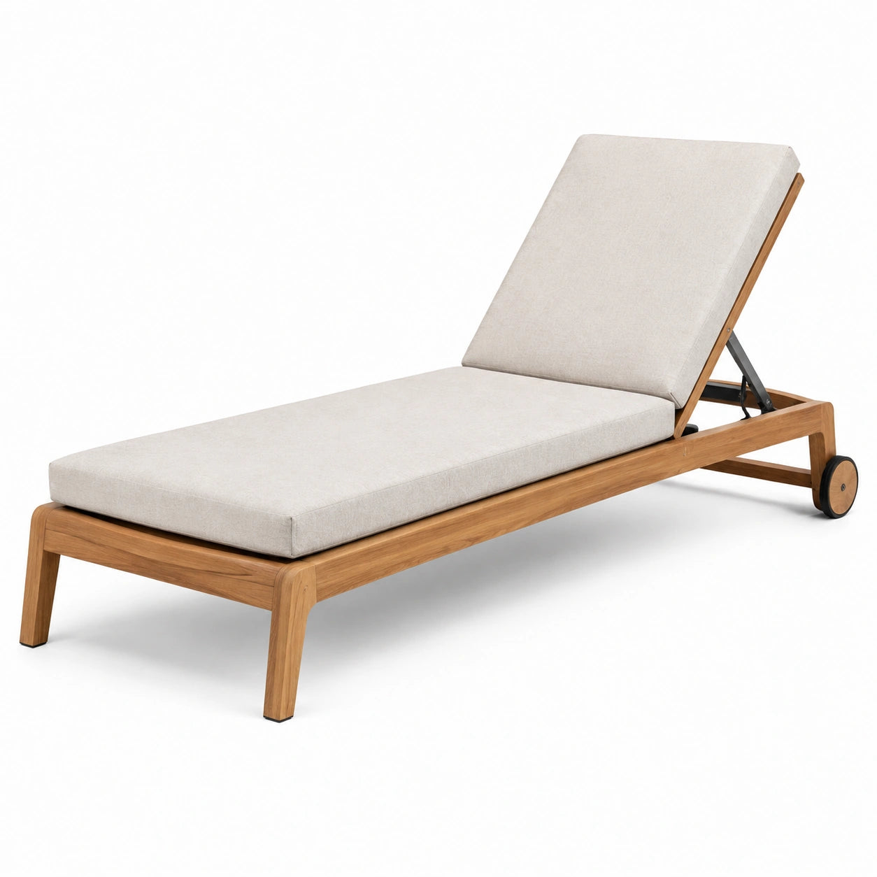 Chaise longue en teck avec coussins réglables beige
