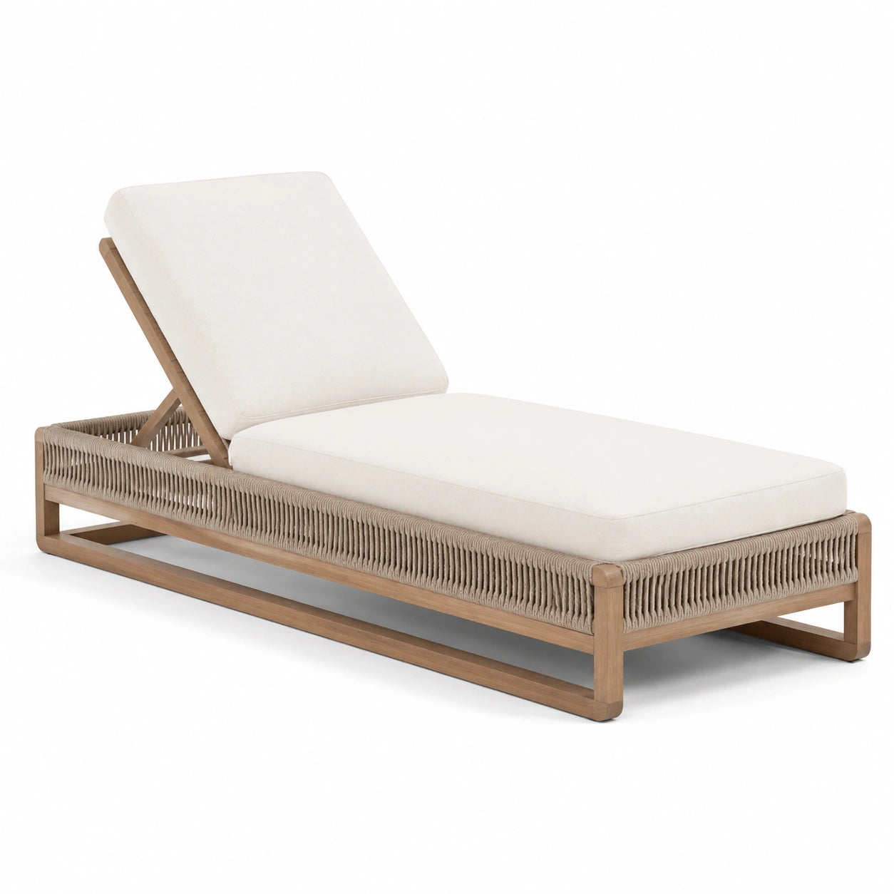 Chaise longue en teck et corde tressée beige avec coussins ajustables