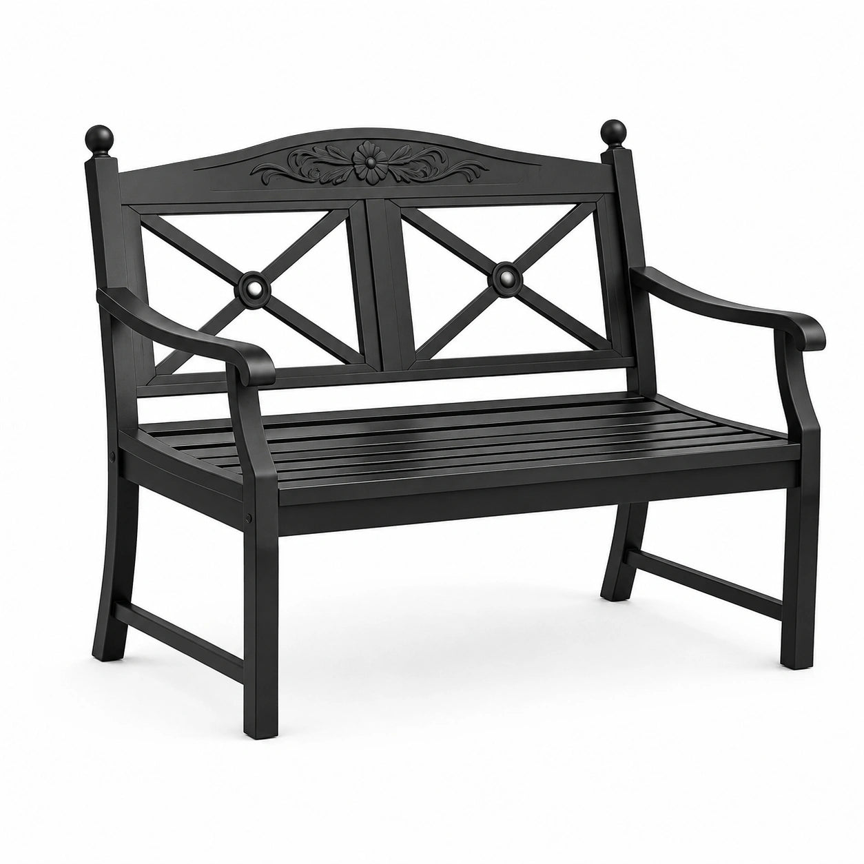 Banc de jardin en métal noir avec dossier décoratif