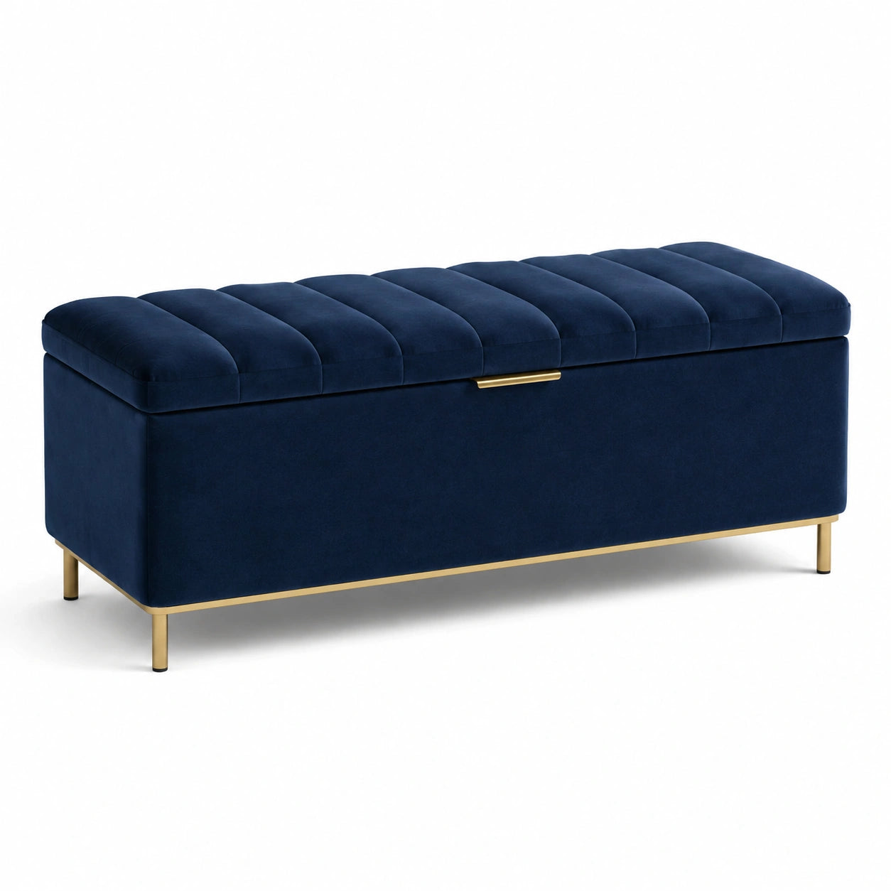 Banc de rangement en velours bleu avec pieds en métal doré