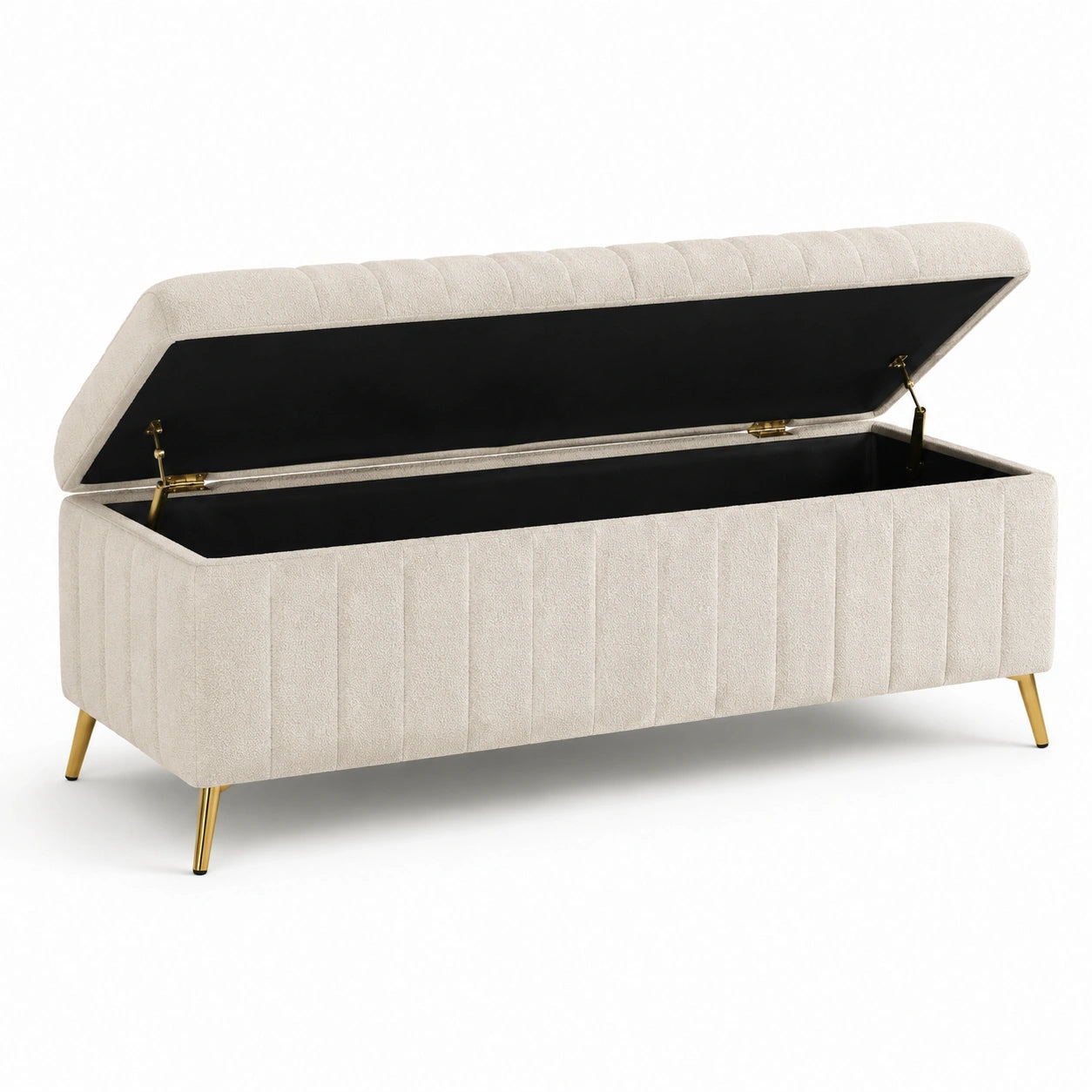 Banc de rangement en tissu polyester beige avec pieds en métal doré 120x40x45 cm