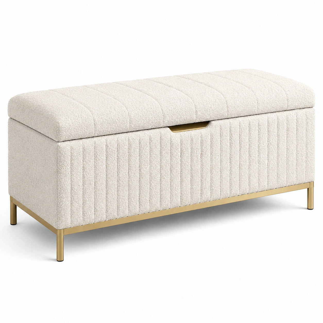 Banc de rangement en tissu bouclé crème avec pieds en métal