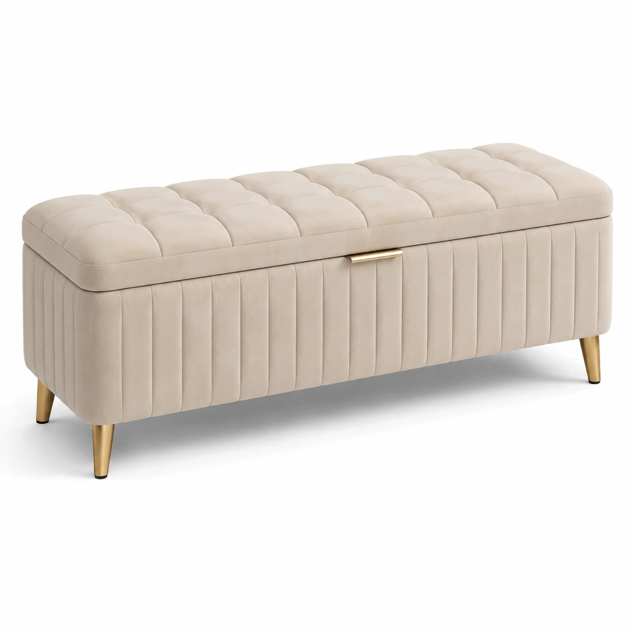 Banc de rangement en velours beige avec pieds en métal doré