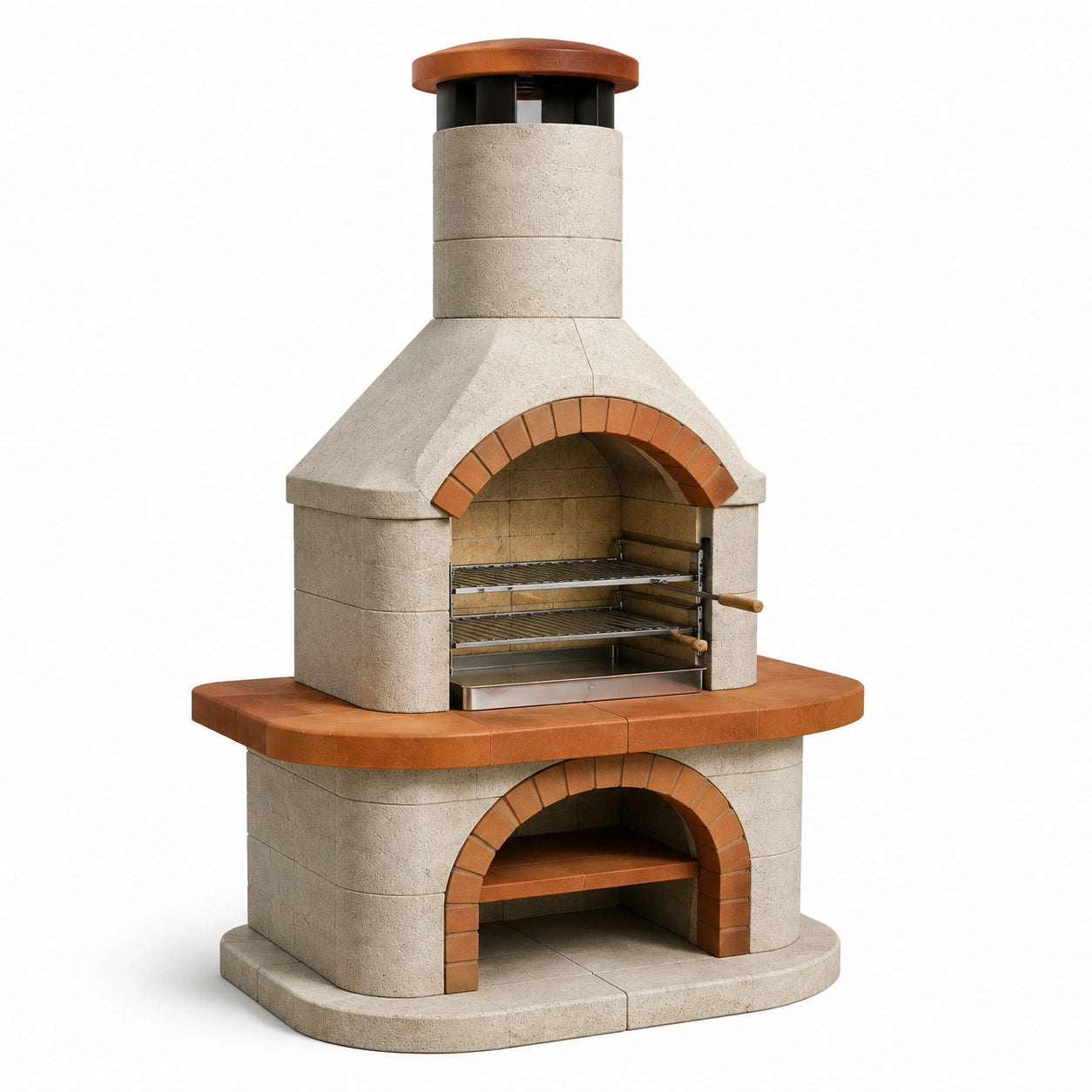 Barbecue en pierre réfractaire avec cheminée et grilles en acier inoxydable, beige/terre cuite