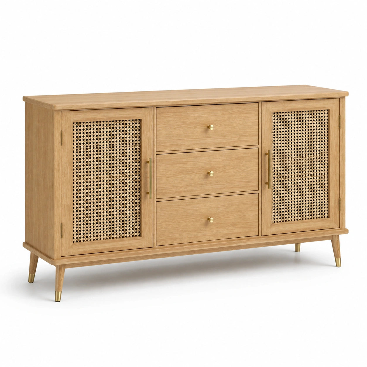 Buffet en bois avec portes en osier et tiroirs 150x40x80 cm
