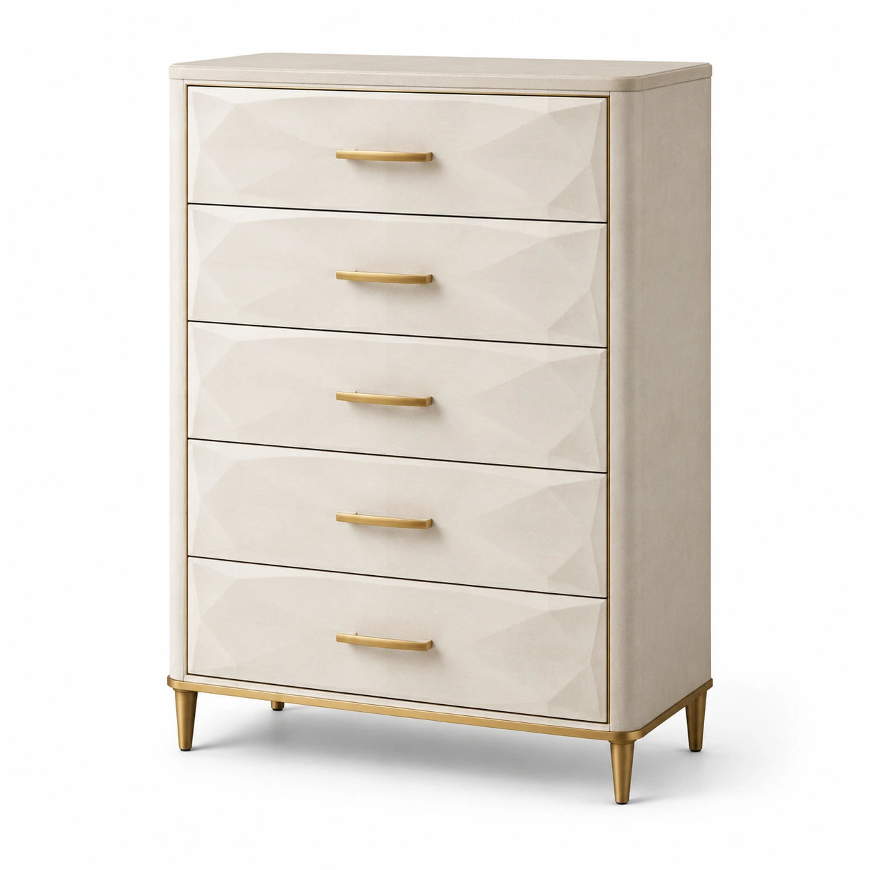 Commode 5 tiroirs bois MDF blanc crème avec poignées en métal doré