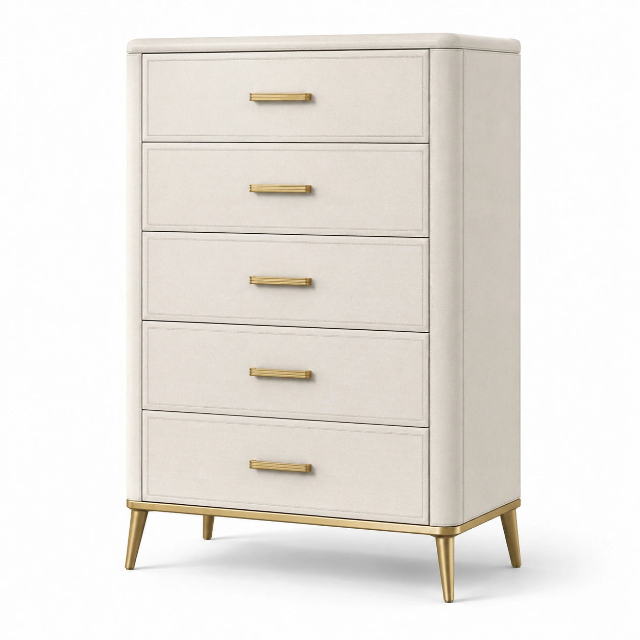 Commode en bois MDF avec poignées et pieds en métal doré beige