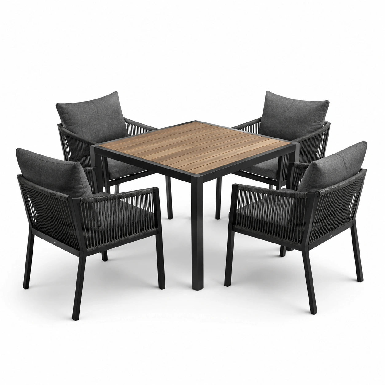 Ensemble de repas extérieur en métal et bois avec 4 chaises et coussins gris