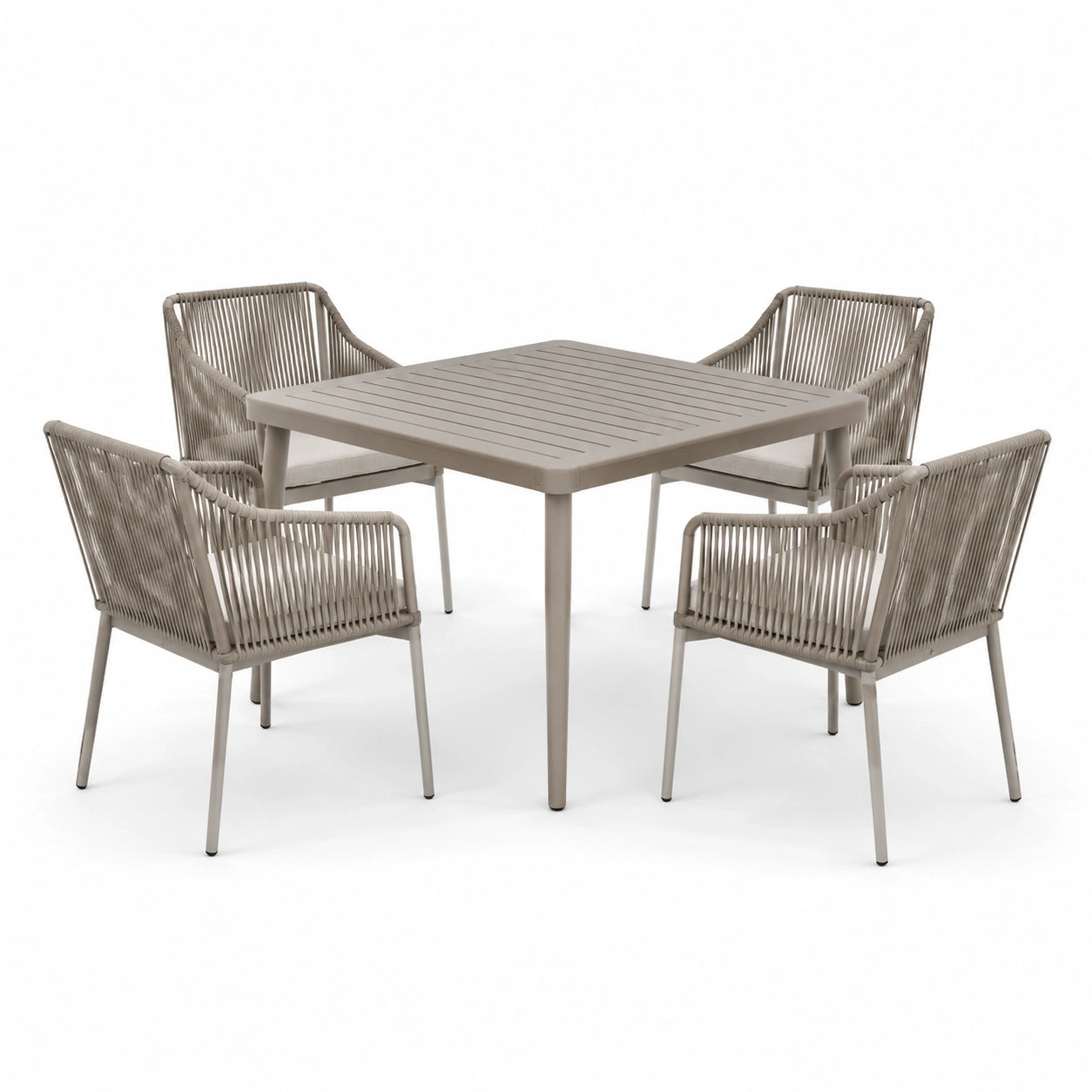 Ensemble de repas extérieur 4 chaises en aluminium et corde taupe