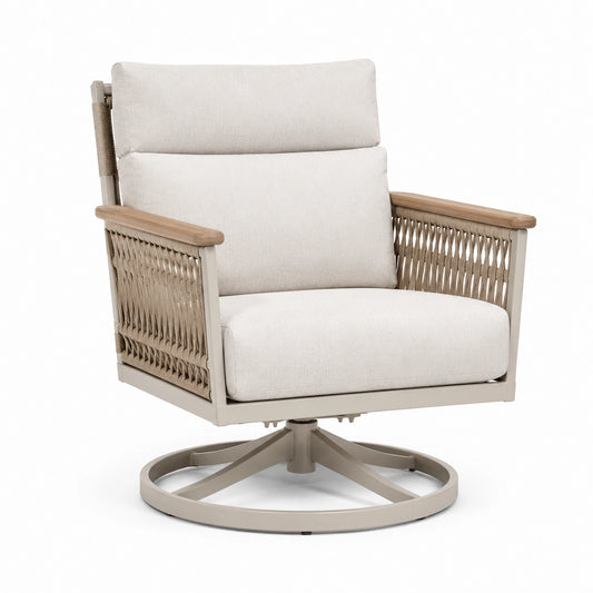 Fauteuil pivotant en aluminium, tissu polyester beige et bois d'acacia