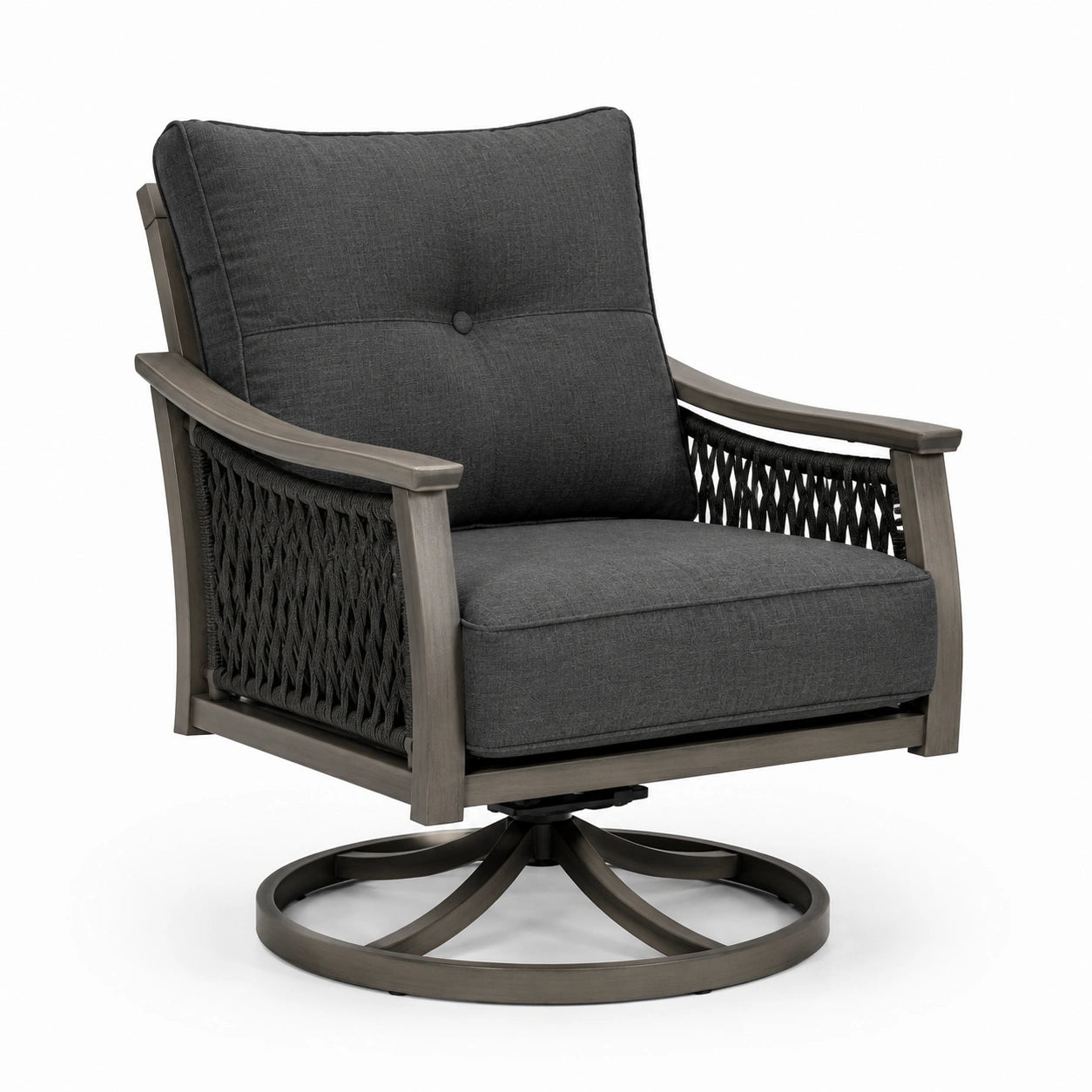 Fauteuil pivotant en aluminium avec coussins en tissu polyester gris foncé
