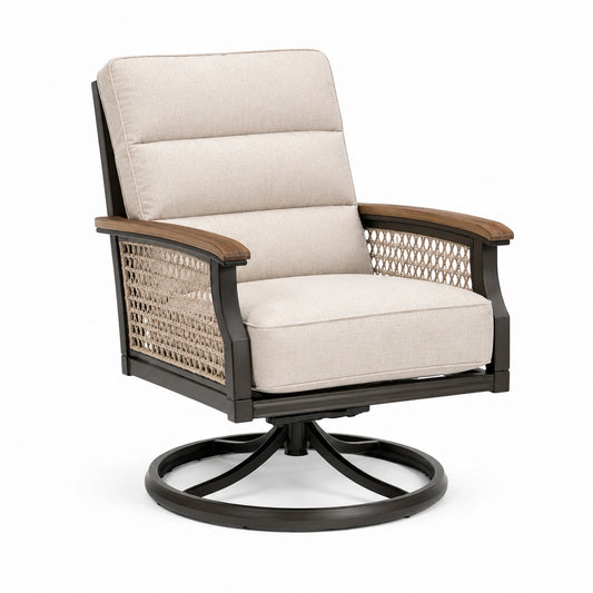 Fauteuil pivotant en métal et résine avec coussins en tissu beige