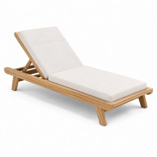 Chaise longue en teck avec coussins crèmes