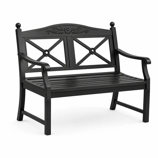 Banc de jardin en métal noir avec dossier décoratif