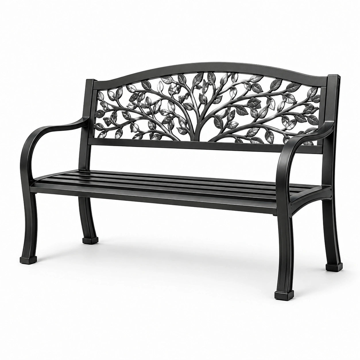 Banc de jardin en métal noir avec motif de feuillage