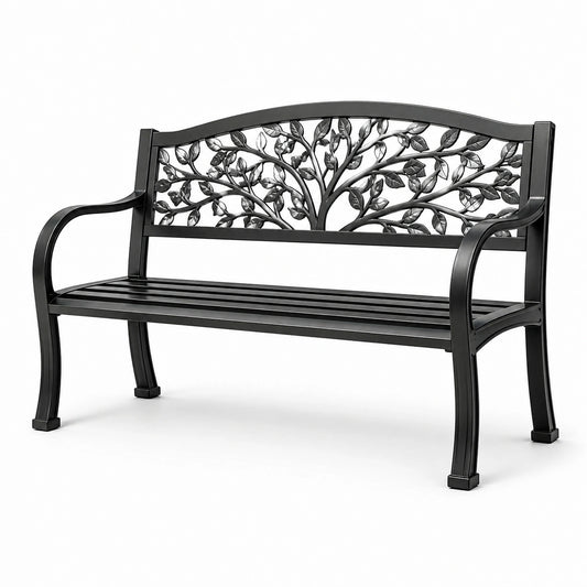 Banc de jardin en métal noir avec motif de feuillage