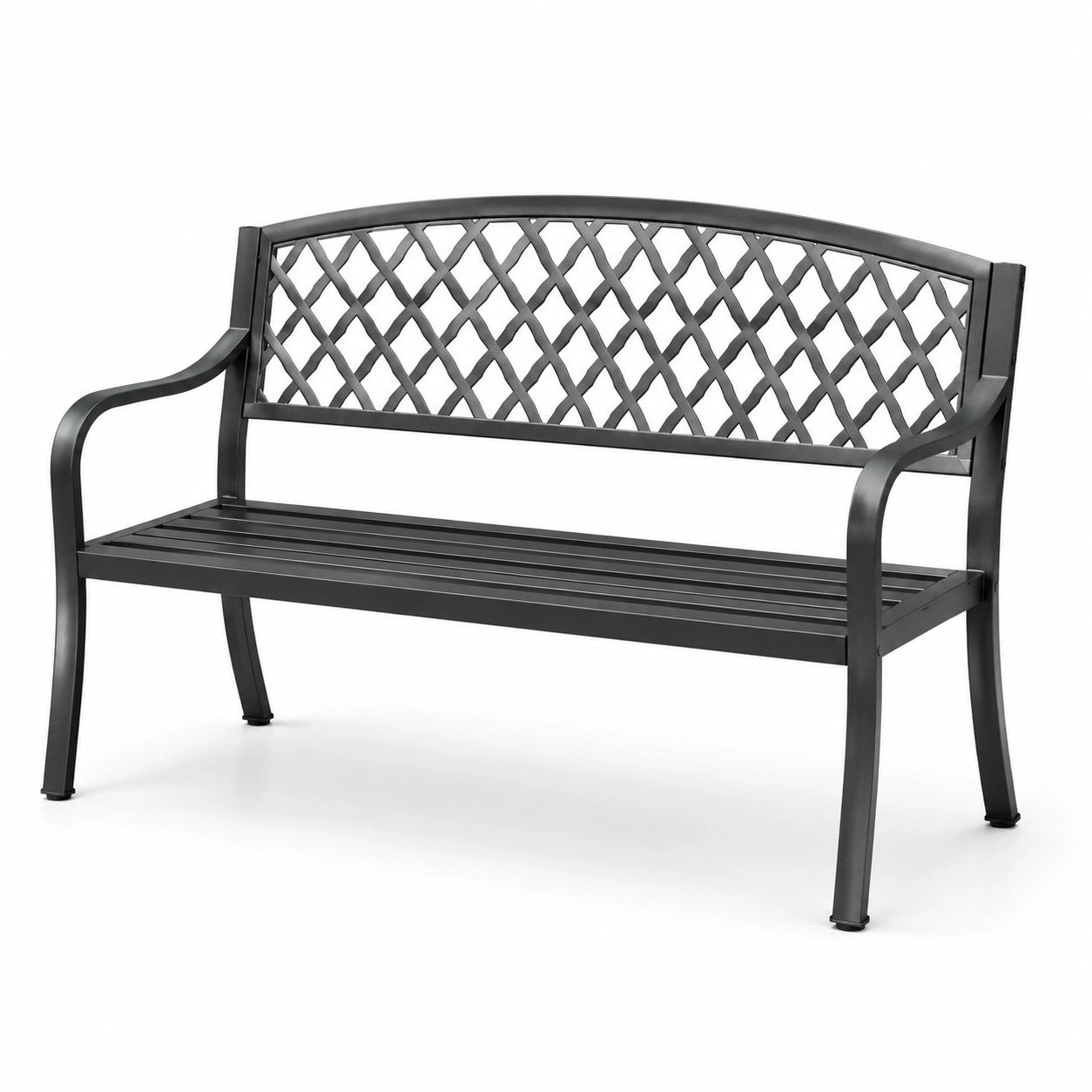 Banc de jardin en acier noir avec dossier à motifs