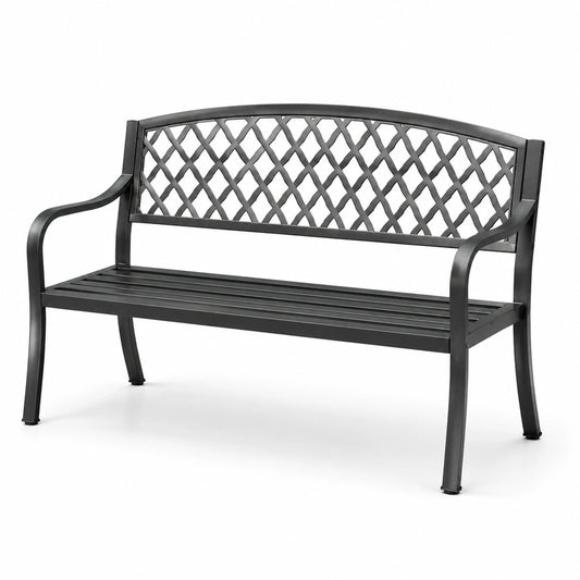 Banc de jardin en acier noir avec dossier à motifs