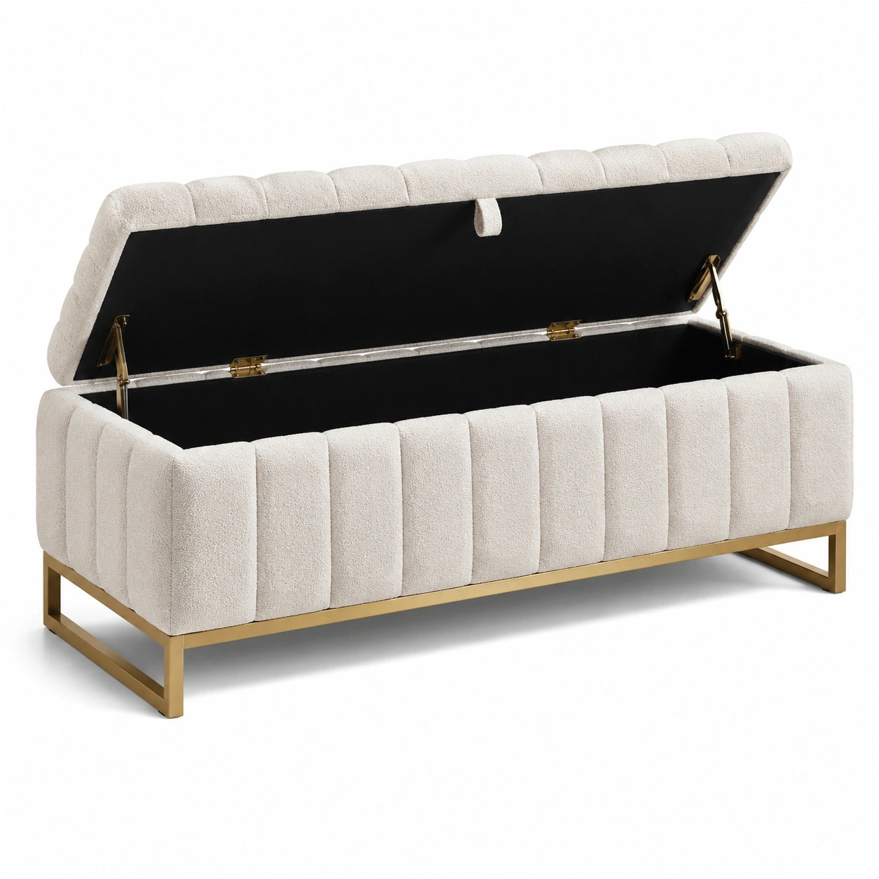 Banc de rangement en tissu bouclé avec base en métal doré
