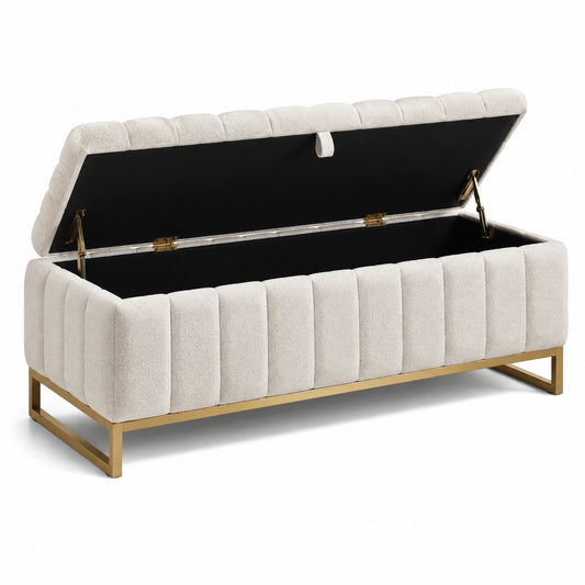 Banc de rangement en tissu bouclé avec base en métal doré
