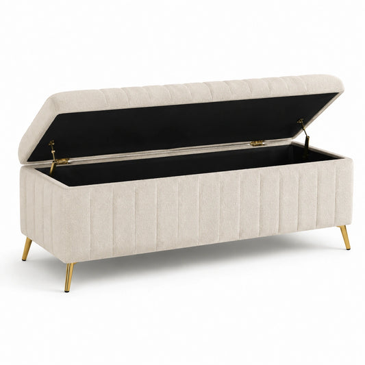Banc de rangement en tissu polyester beige avec pieds en métal doré 120x40x45 cm