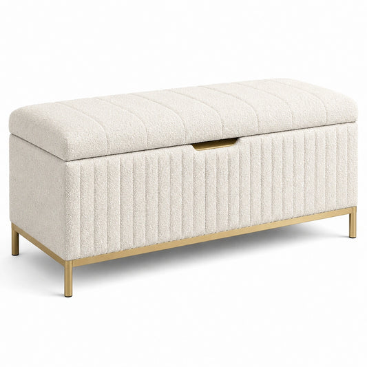 Banc de rangement en tissu bouclé crème avec pieds en métal