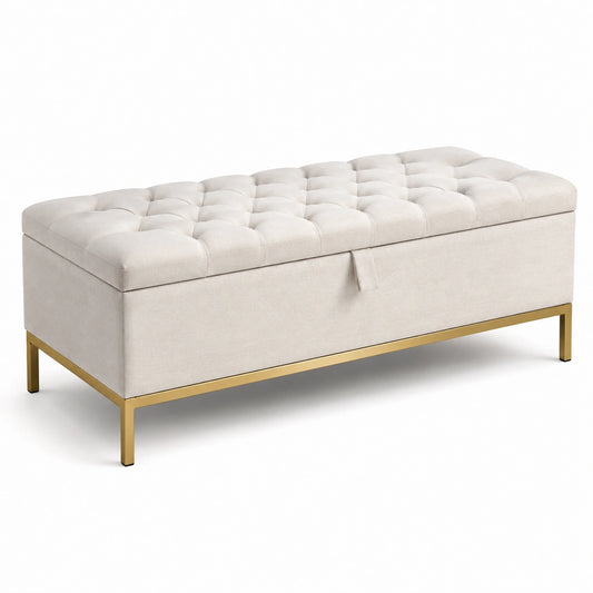Banc de rangement en tissu lin beige avec cadre métallique doré