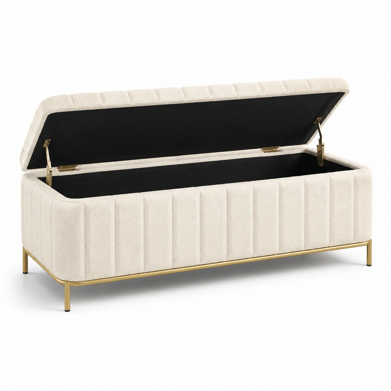 Banc de rangement en tissu polyester beige avec pieds en métal doré