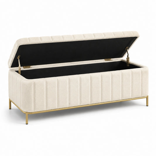 Banc de rangement en tissu polyester beige avec pieds en métal doré