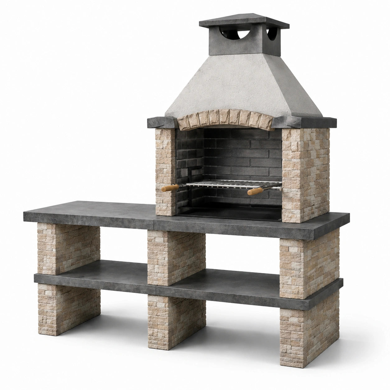 Barbecue en béton et pierre naturelle avec étagères 200 cm gris et beige