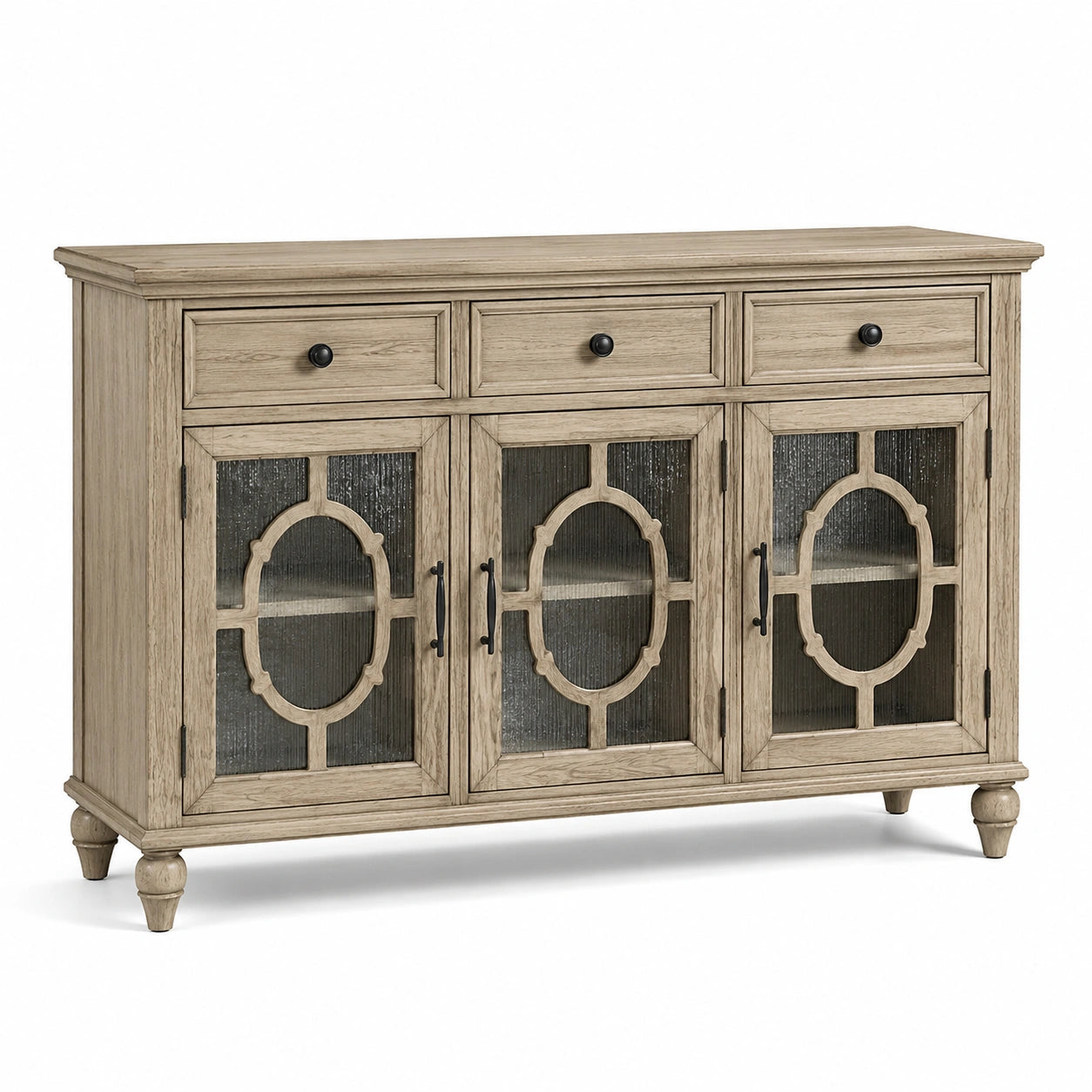 Buffet en chêne avec portes en verre texturé et trois tiroirs 122x40x90 cm brun