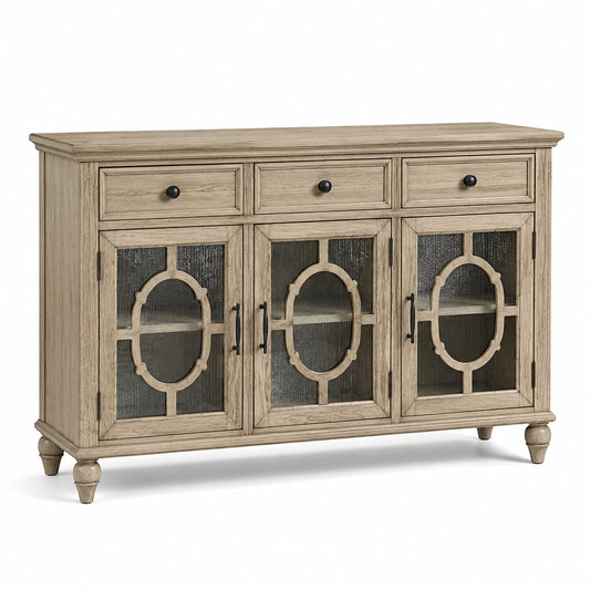 Buffet en chêne avec portes en verre texturé et trois tiroirs 122x40x90 cm brun