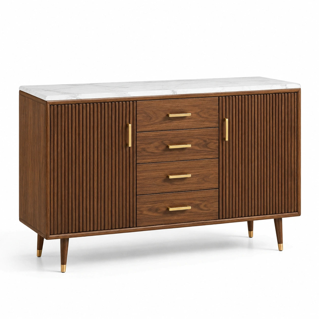 Buffet en bois de noyer avec plateau en marbre blanc, 4 tiroirs, 2 portes