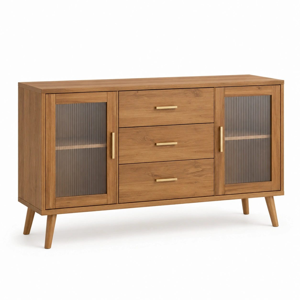 Buffet en bois avec portes en verre et 3 tiroirs 160x45x80 cm chêne