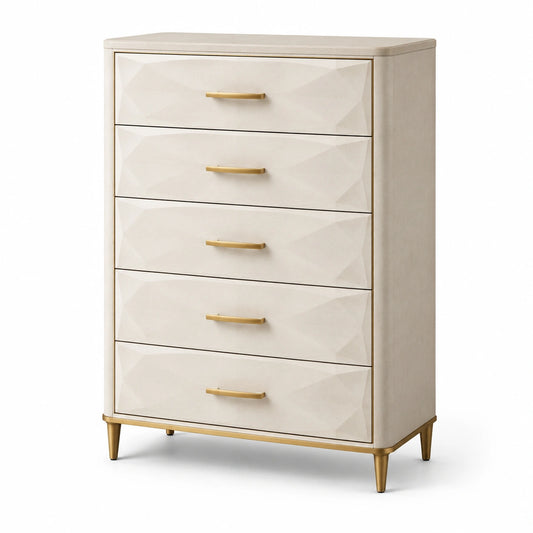 Commode 5 tiroirs bois MDF blanc crème avec poignées en métal doré