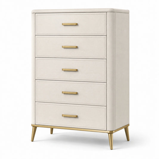 Commode en bois MDF avec poignées et pieds en métal doré beige
