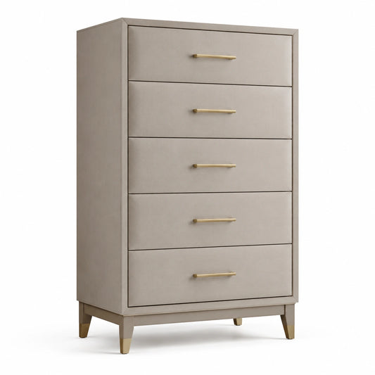 Commode en bois avec 5 tiroirs et poignées en métal doré