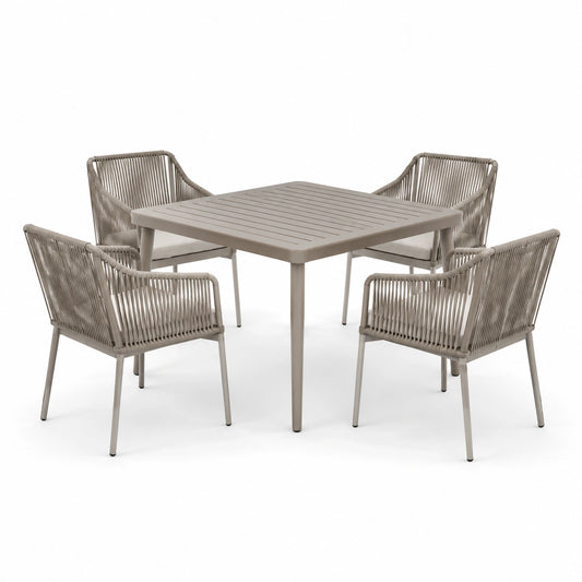 Ensemble de repas extérieur 4 chaises en aluminium et corde taupe
