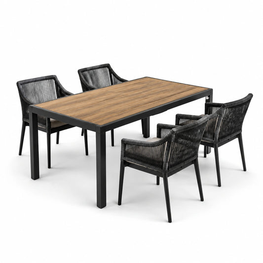 Ensemble de jardin en aluminium avec plateau en bois et chaises en corde
